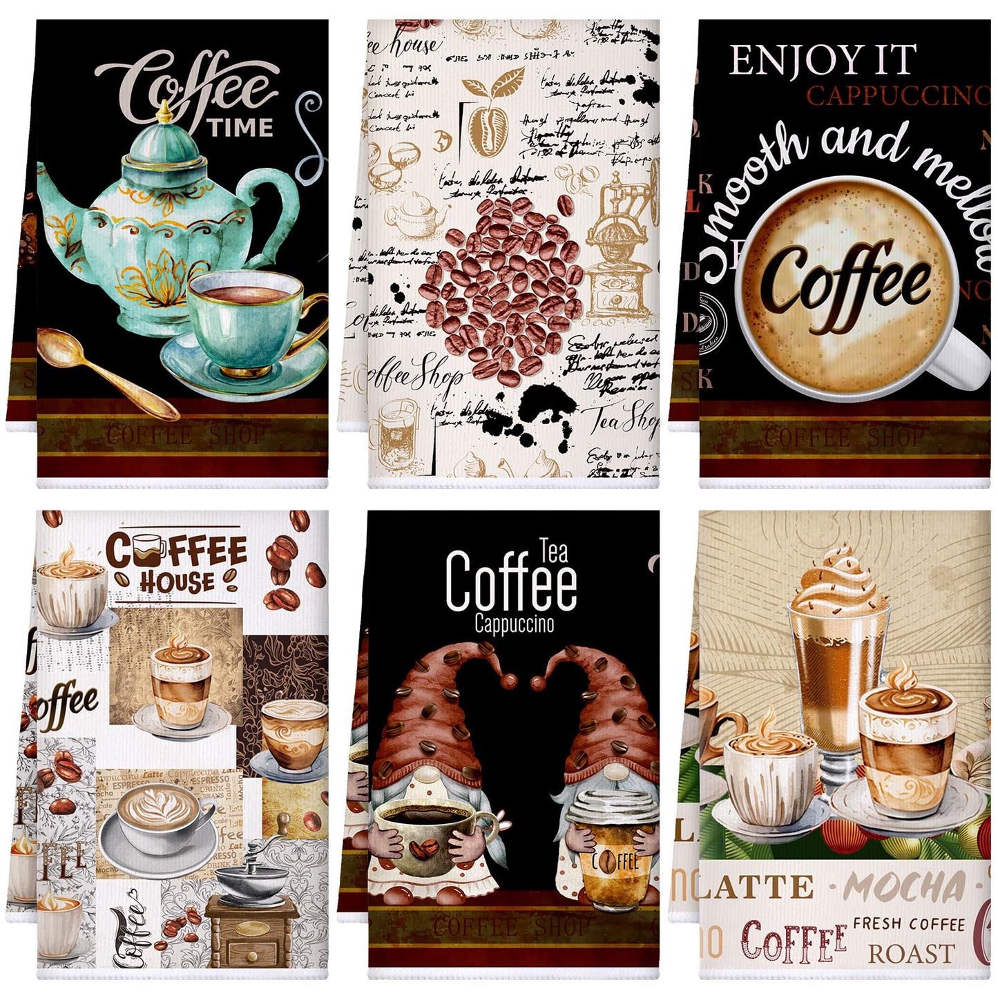 Ferraycle 6 Pcs Coffee Kitchen Towels, Absorbent Dish Towels 24 x 16 Inches, Dish Cloths, Kitchen Decorative Hand Cloths, Gifts for Cooking Baking Bathroom Bar Farmhouse(Black and Brown,Coffee Gnomes)