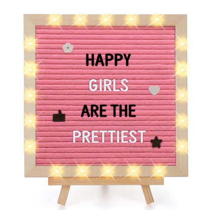 Changeable Felt Letter Board with LED Lights - 10''×10" Message Custom Signs & Wood Stand & 450 Letters, Poster Board for Baby/Pregnancy Announcement/Classroom Wall Decor Gifts, Pink