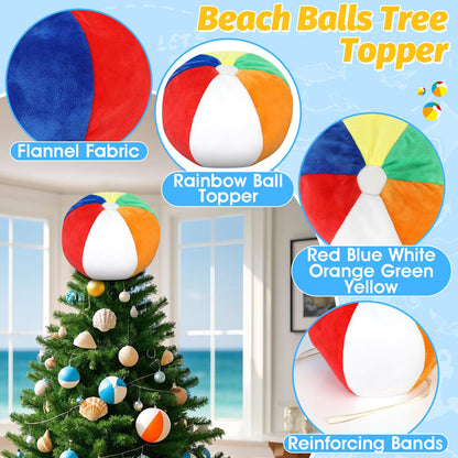Summer Beach Ball Tree Topper, 8” Rainbow Beach Ball Tree Decor, Plush Stuffed Summer Tree Topper for Christmas in July Pool Beach Luau Hawaiian Themed Tropical Party