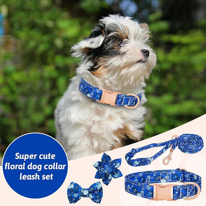 Dog Collar and Leash Set Girls Adjustable Puppy Collars with Floral Bow Tie for Small Medium Large Female Dogs, BluePaisley, S