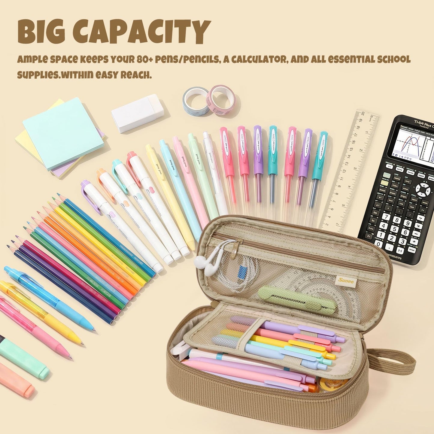 SUNEE Cute Pencil Case, Large Capacity Pencil Pouch, Soft Corduroy Pencil Bag, Big Storage Pen Organizer for Stationery, Aesthetic Zipper Pencil Box, Back to School Supplies for Teen Girls Boys, Khaki