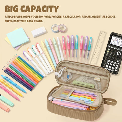 SUNEE Cute Pencil Case, Large Capacity Pencil Pouch, Soft Corduroy Pencil Bag, Big Storage Pen Organizer for Stationery, Aesthetic Zipper Pencil Box, Back to School Supplies for Teen Girls Boys, Khaki