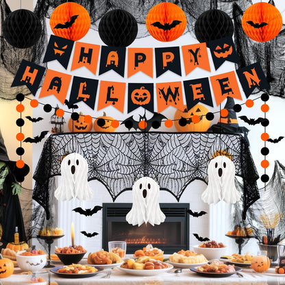 Halloween Party Decorations, 29Pcs Halloween Indoor Decorations Kit with Mantel Scarf Creepy Cloth Fabric Hanging Ghost Happy Halloweens Banner 3D Bat Stickers for Home Fireplace Wall Decor