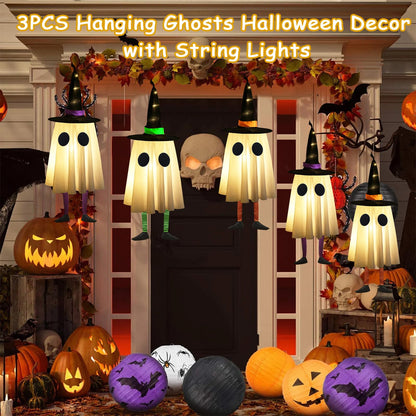 Set of 3 Halloween Hanging Ghosts,Halloween Decorations Outdoor Hanging Ghosts with Witch Hat,Glowing Ghost Witch Hat Light, Halloween Ghost Decor for Yard Patio Garden Tree Outside(3 Ghost Lighted)