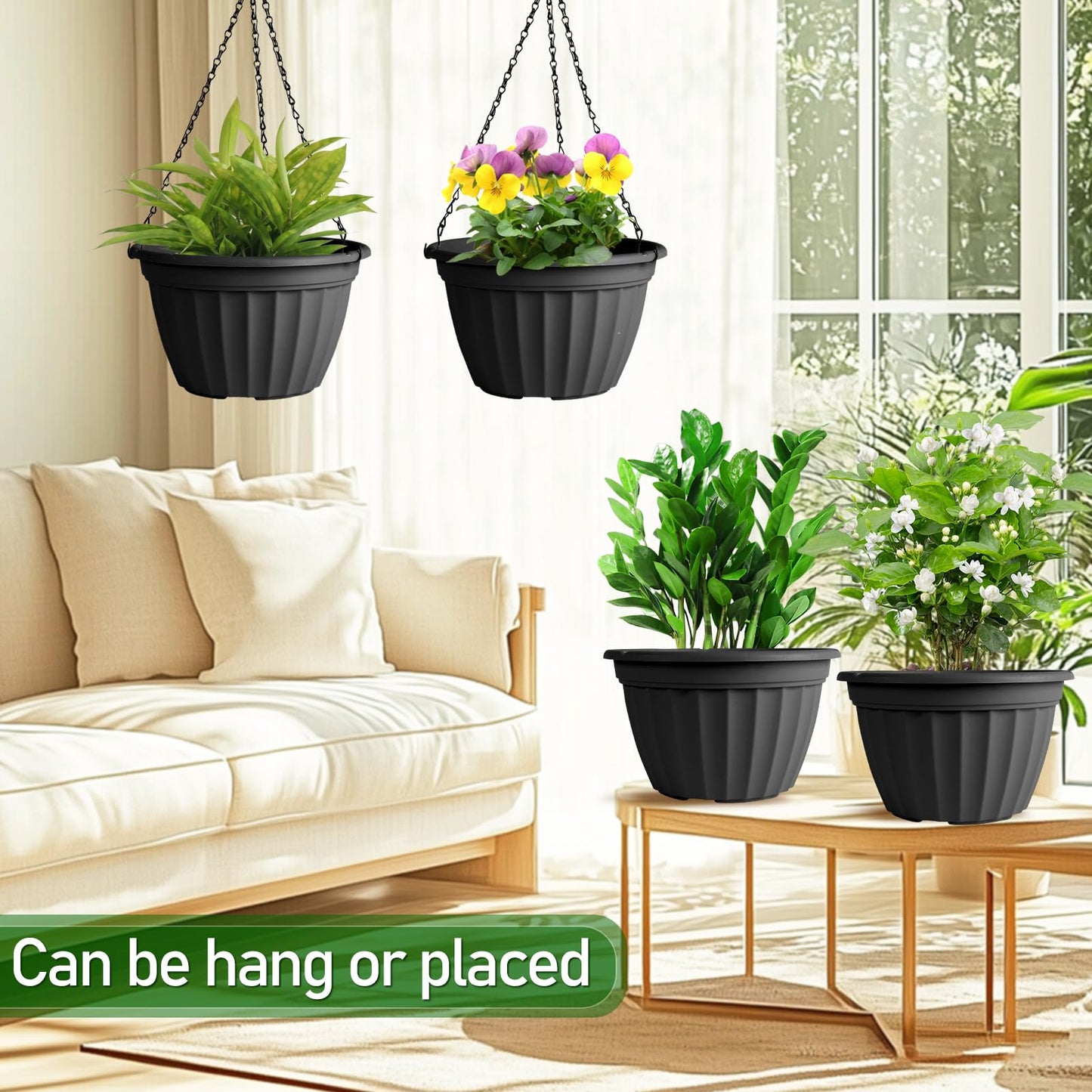 FGstyle Hanging Planters 10 Inch, 4 Pcs Self Watering Pots for Indoor Plants,Plastic Hanging Basket with Soil Elevator and 20" Chain for Home Garden Porch Balcony Patio Decor(Black)