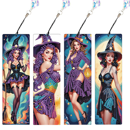 JISHSHAY 4 PCS Halloween Diamond Painting Bookmarks Witch Diamond Art Book Marks Witch Gem Art Bookmarkers Gem Painting Book Markers Horror Crafts for Adults DIY Bookmarks Embroidery Bookmarkers