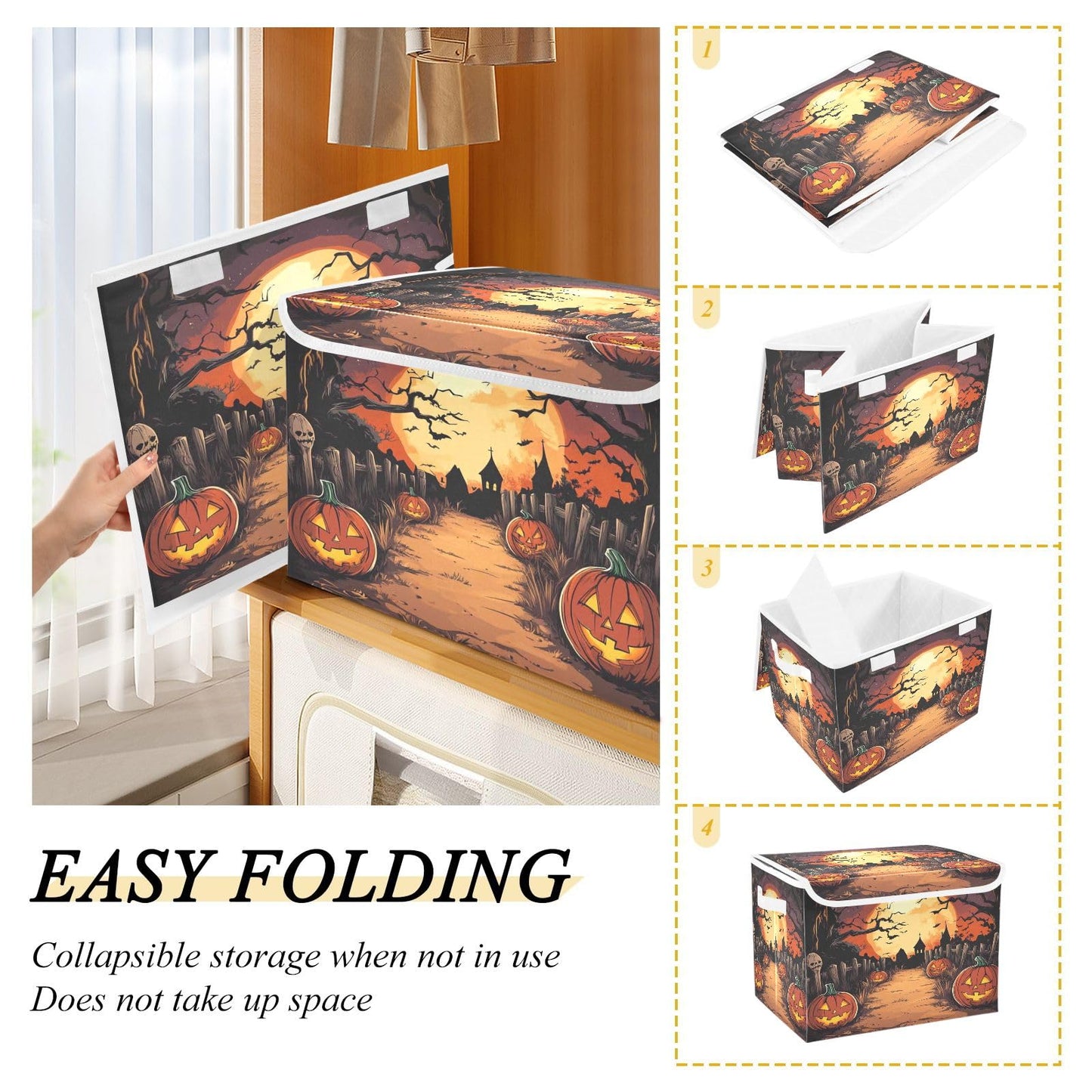 Bolaz Storage Bins with Lids and Handles,Halloween Night Pumpkin Skull Storage Box Storage Basket with Cover Collapsible Organizer Containers for Home Closet, Shelves