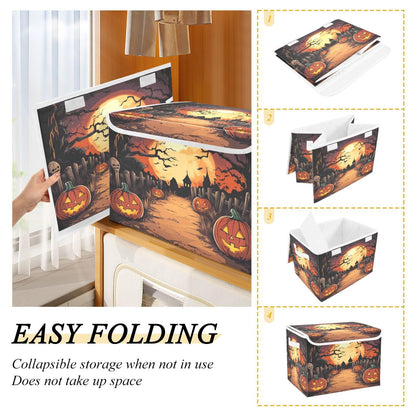 Bolaz Storage Bins with Lids and Handles,Halloween Night Pumpkin Skull Storage Box Storage Basket with Cover Collapsible Organizer Containers for Home Closet, Shelves