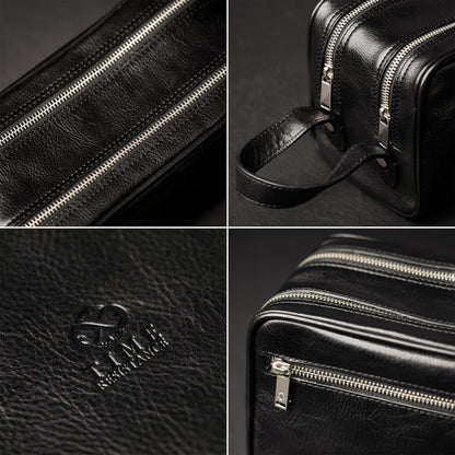 Time Resistance Leather Cosmetic Bag - Italian Toiletry Dopp Kit (Black)