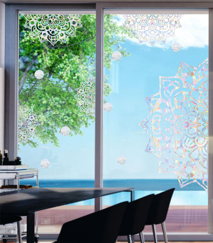 Large Mandala Window Clings for Glass Windows Big Mandala Window Stickers Lotus Flower Window Decals Static Cling Anti-Collision Window Stickers for Bird Strikes Sun Catcher Rainbow Stickers