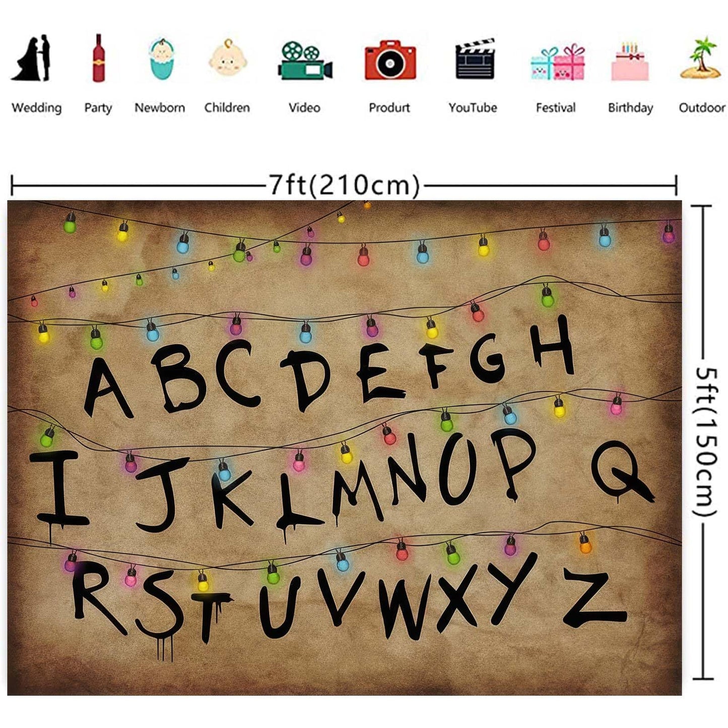 Colourful Light String Rustic Alphabet Backdrop for Halloween Birthday Party Decor Cake Table Banner Photo Booth Props Supplies 7x5FT