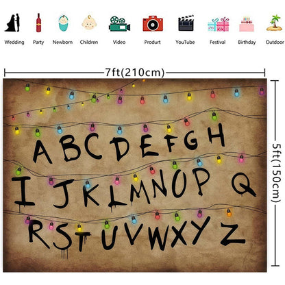 Colourful Light String Rustic Alphabet Backdrop for Halloween Birthday Party Decor Cake Table Banner Photo Booth Props Supplies 7x5FT