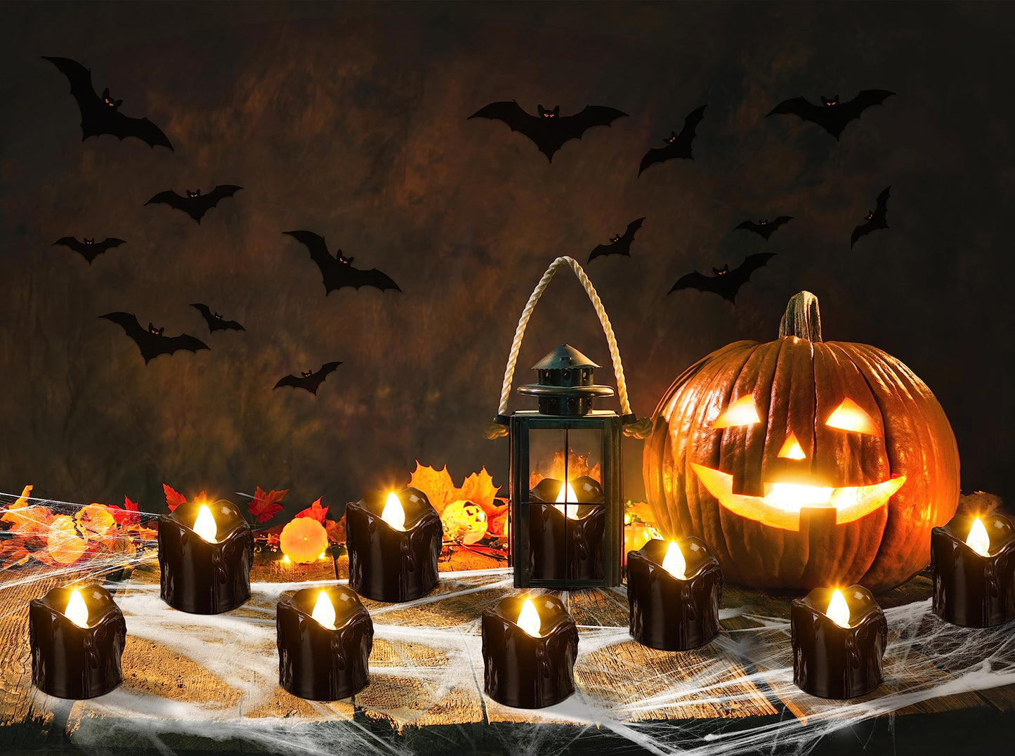 Renbuzhu 24Pcs Halloween Decorations Indoor Candles Black Tea Lights: Led Flameless Tealight Battery Operated Table Decor with Spider Webs (No Timer&Remote)