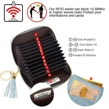 APHISON RFID Credit Card Holder Zipper Card Case Keychain Small Wallet for Women 1927 BLUE