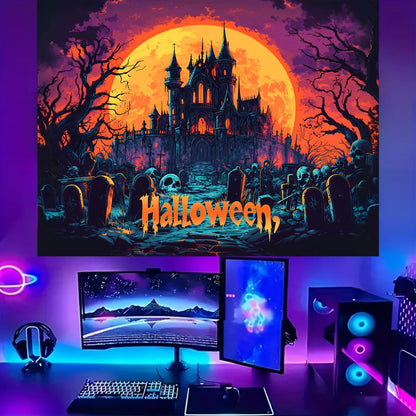 BSFHH Black Light Tapestry – UV Reactive Glow in the Dark Wall Hanging, Spooky Night Scene with Ghosts & Pumpkins, Haunting Home Decor for Parties, Bedroom, or Dorm (GHOST TOWN, 90L x 70W, Unframed)