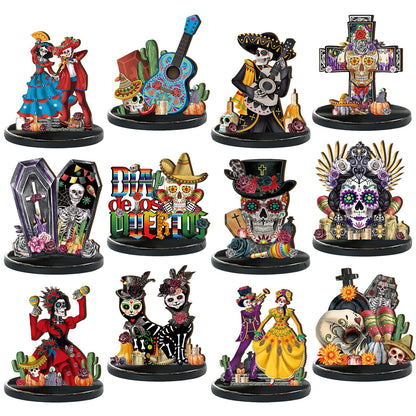 Wesiti 12 Pcs Day of The Dead Table Decorations Wooden Mexican Dia De Los Muertos Altar Centerpiece Halloween Sugar Skull Table Topper Decor Skeleton for Mexican Fiesta Tiered Tray Decor Party Favor