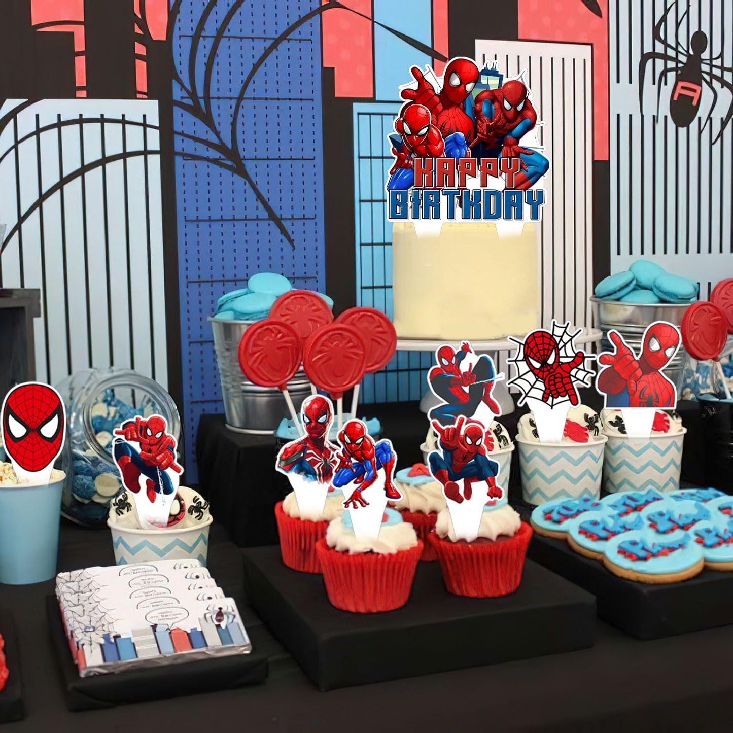 Spider Web Birthday Decorations Include Latex Balloon,Cupcake Topper, Happy Birthday Balloons,Backdrop Set for Boys Kids Cartoon Party Supplies