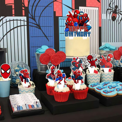 Spider Web Birthday Decorations Include Latex Balloon,Cupcake Topper, Happy Birthday Balloons,Backdrop Set for Boys Kids Cartoon Party Supplies