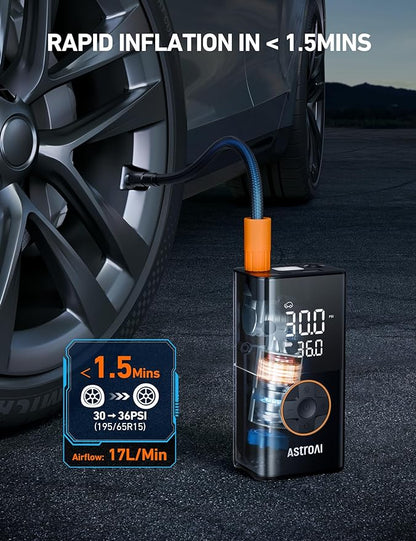 AstroAI L7 Tire Inflator Portable Air Compressor Cordless-2pack Bike Pump with Digital Dual Values Display, 150 PSI Car Tires Pump with LED Lights Air Pump for Cars, Motorcycles, Bikes, Balls Orange