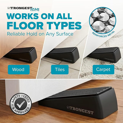 STRONGEST HOME Stoppers for Bottom of Door – Heavy Duty Metal Rubber Door Stopper, Non-Slip Door Stop for Heavy Doors, Works on Wood, Tile & Carpet Floors Wedge Black 4 PCs + 4 White Wall Protectors