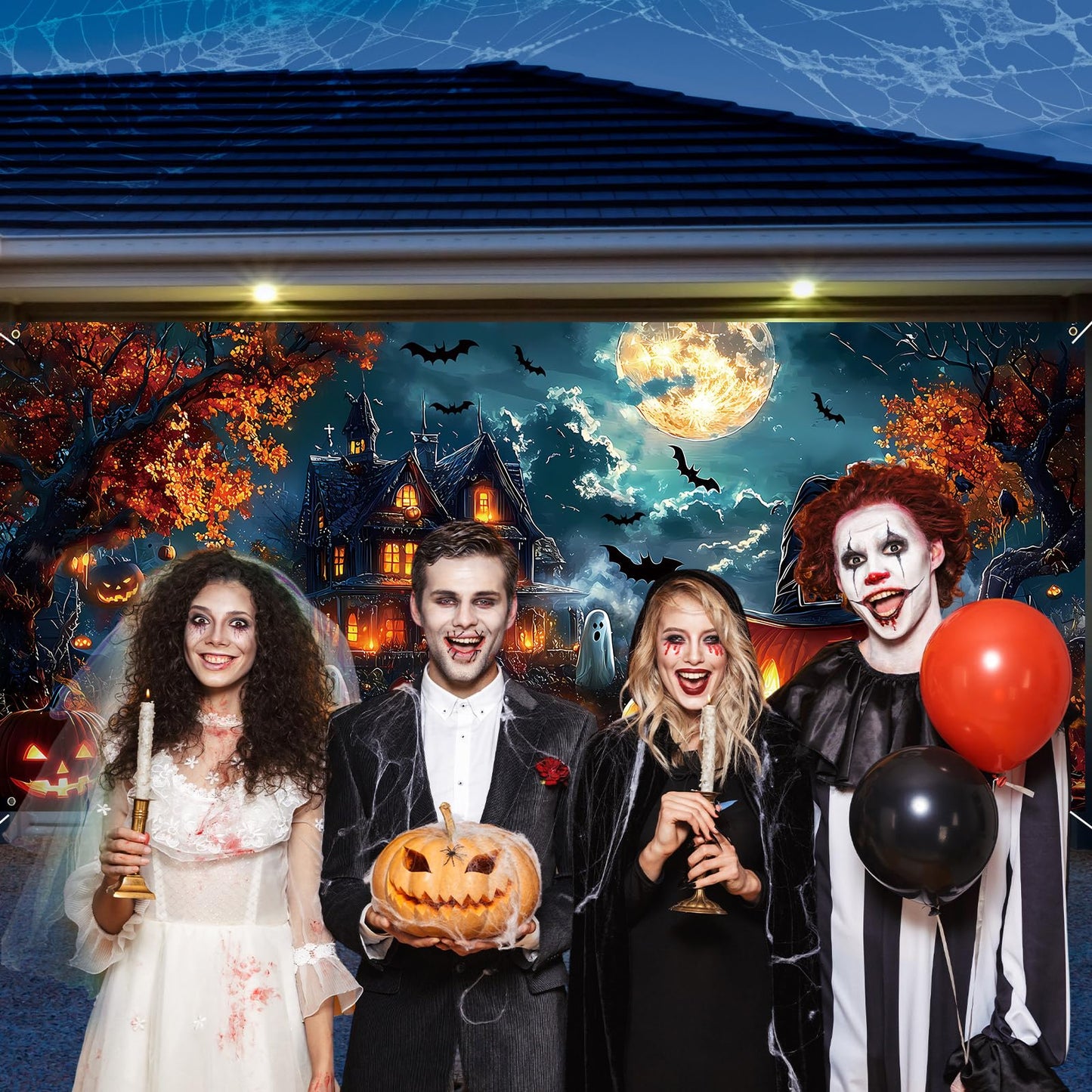 Remagr 7 x 16 ft Halloween Garage Door Banner Large Halloween Hanging Backdrop Door Cover Gloomy Skull Garage Wall Decoration Backdrop Mural for Party Wall Window Yard Outdoor Holiday