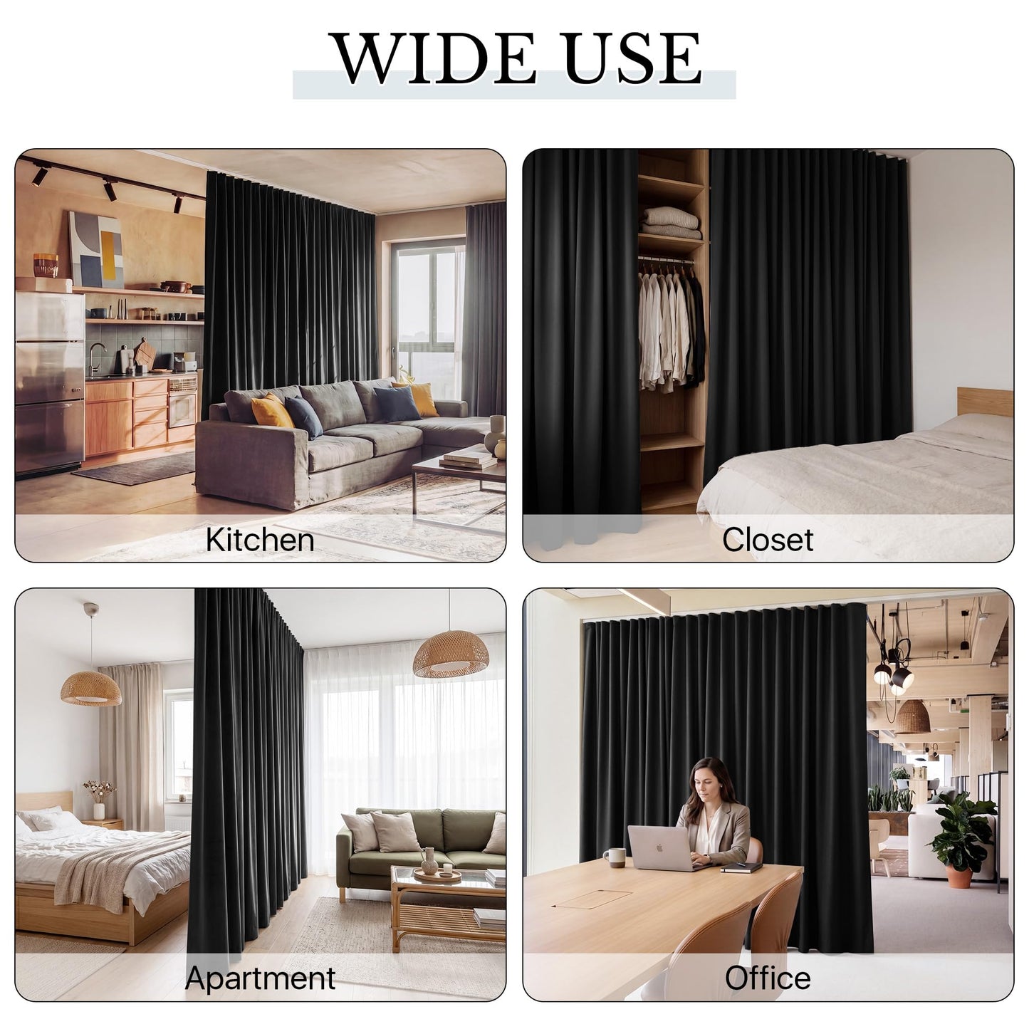 RYB HOME Room Divider Curtains with Flexible Bendable Track, Heavy Duty Blackout Privacy Drape Set for Curved Bedroom/Living Room Bay Windows/RV/Corner Partition, W100xL84, Black, 1 Panel