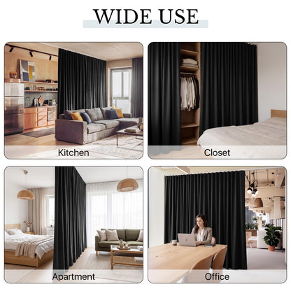 RYB HOME Room Divider Curtains with Flexible Bendable Track, Heavy Duty Blackout Privacy Drape Set for Curved Bedroom/Living Room Bay Windows/RV/Corner Partition, W100xL84, Black, 1 Panel