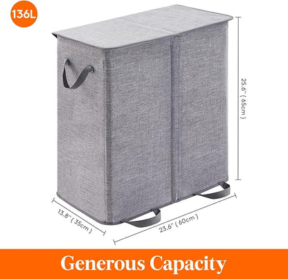Lifewit Double Laundry Hamper with Lid and Removable Laundry Bags, Large Collapsible 2 Dividers Dirty Clothes Basket with Handles for Bedroom, Laundry Room, Closet, Bathroom, College, 136L Gray