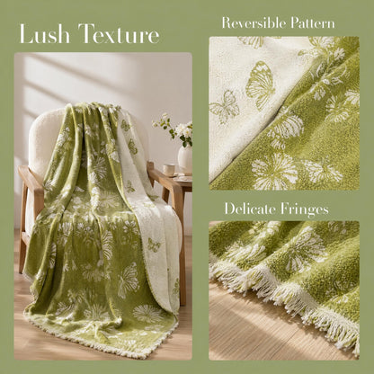 UWWGKK Oversized Chenille Couch Cover Green Butterfly Reversible Sofa Slipcover with Tassel, Heavyweight Sectional Furniture Protector Blanket for Large Dogs, Washable Throw for 3 4 Seat