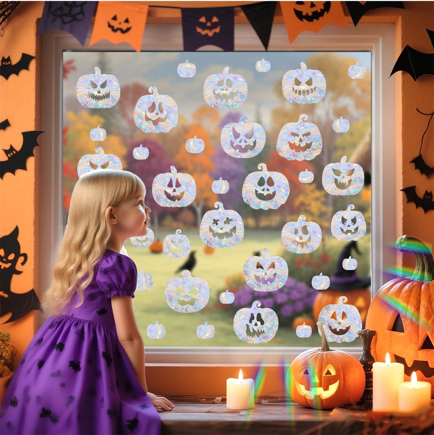 Pumpkin Window Cling Halloween Window Clings Static Clings for Glasss Windows Sun Catcher Rainbow Stickers Ainti Collision Windows Decals for Bird Strike Halloween Decorations