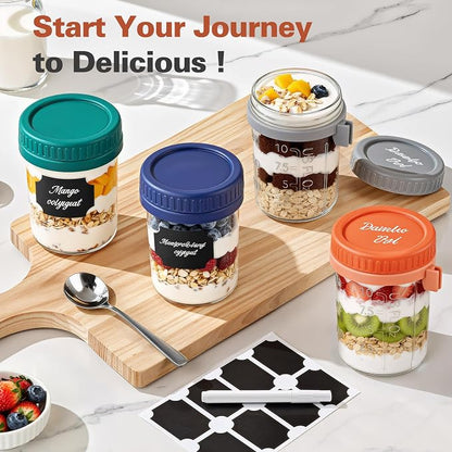 6 Pack Overnight Oats Containers with Lids and Spoons, 16 oz Airtight Oatmeal Container with Measurement Marks, Overnight Oats Jars for Cereal Fruit Vegetable Milk Salad Yogurt Meal Prep