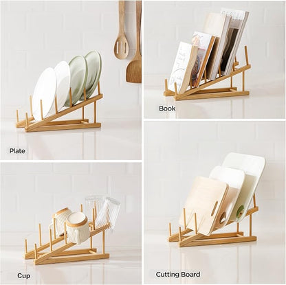 HBlife Bamboo Wooden Dish Drying Rack, 1 PCS Plate/Dish/Book/File/Bowl/Cup/Cutting Board/Pot Lid Organizer for Kitchen Counter, Office, Display Cabinet