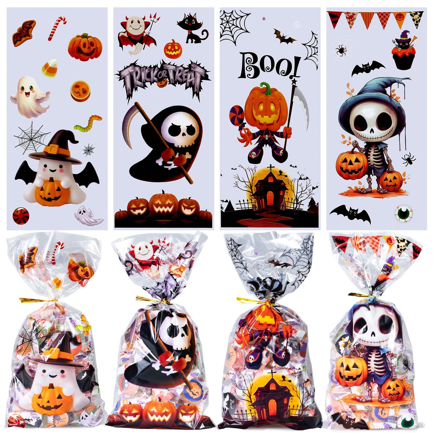 Confettiville Halloween Treat Bags, 200-Pack Cellophane Candy Goody Bags for Party Favors, Twists Included, 10.6 x 4.9 Inches, Creepy Cuties Collection