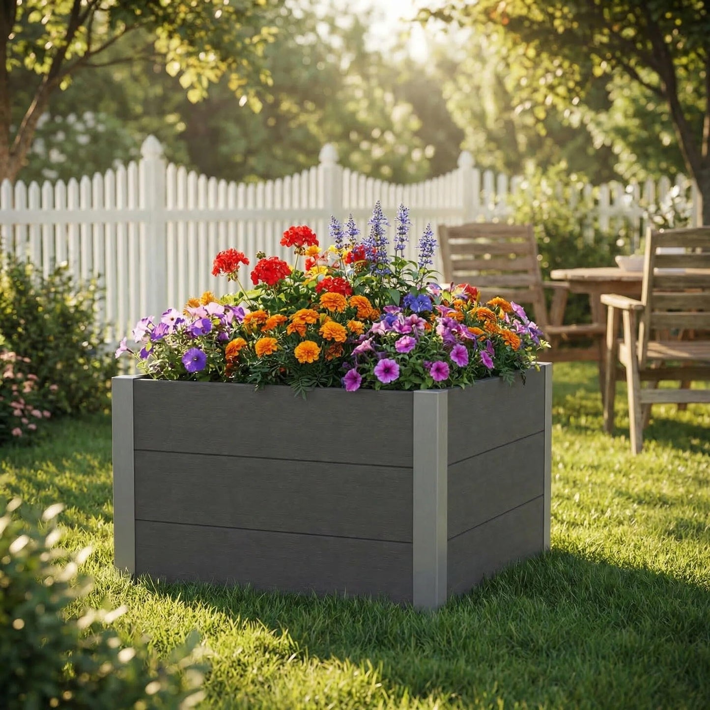 solaroxy Modern Metal Planter Box 27" L x 27" W x 17" H, Large Square Planter Box with Drainage Bottom, Morden Design Outdoor & Indoor Flower Planter for Balcony, Patio, Yard