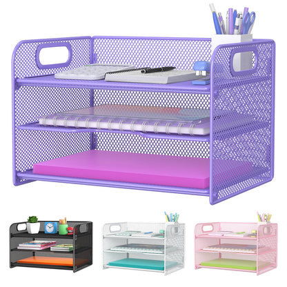 Samstar 3 Tier Purple Letter Tray Paper Organizer with Handle, Mesh Desk Organizer Paper Sorter File Rack Shelves, Purple