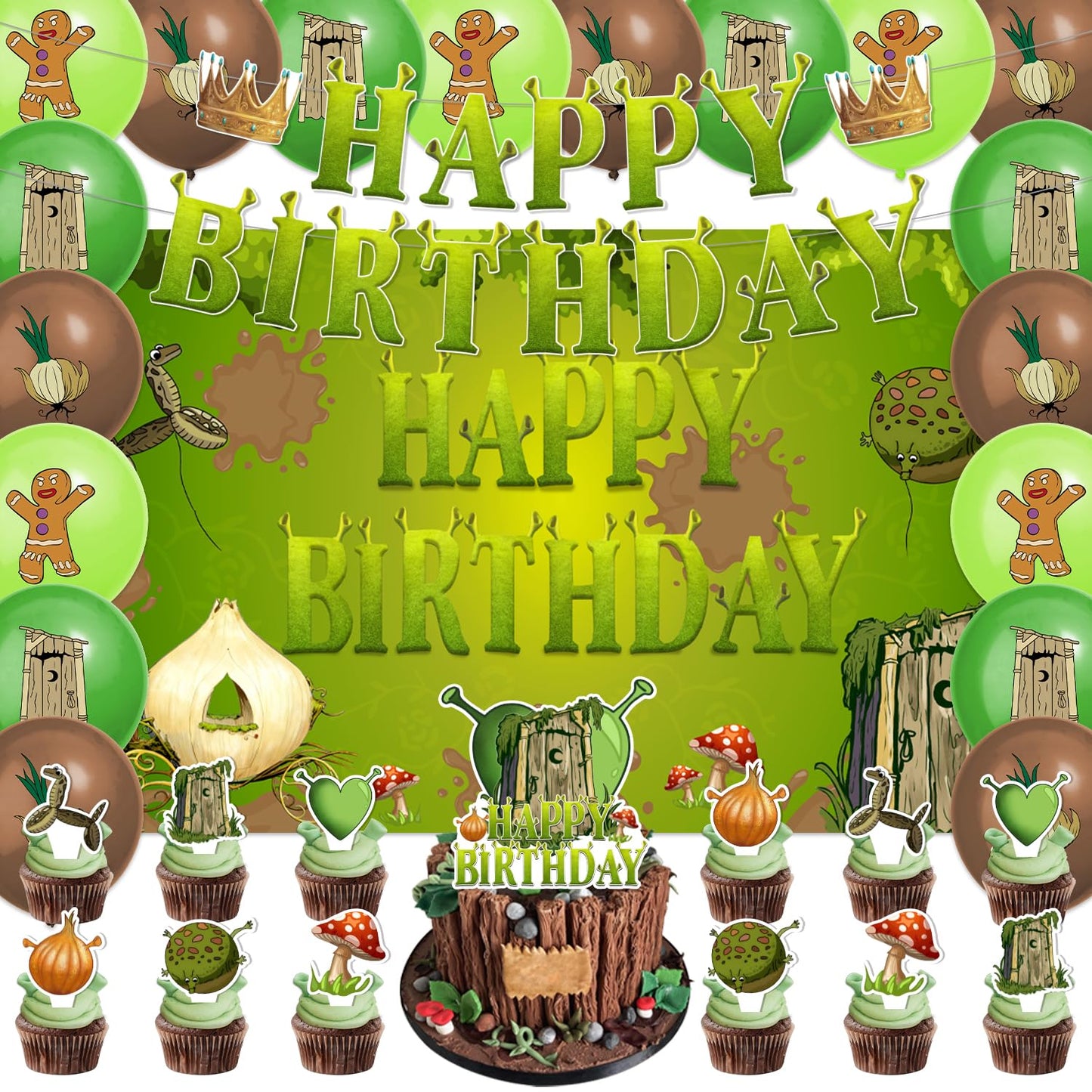 42pcs Green Monster Birthday Party Decorations Includes Cake Toppers,Cupcake Toppers, Banner, Backdrop, Balloons - Green Monster Theme Party Supplies
