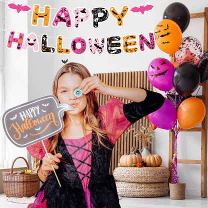 Halloween Spooky Girls Night Decorations Hot Pink Happy Halloween Banner with Hanging Swirls Cute Spider Web Pumpkin Bats Ghost Hanging Swirls Pink Party Decorations for Birthday Bachelorette Party