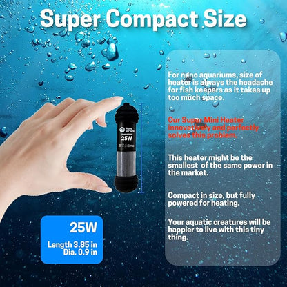 AquaMiracle Upgraded 25W Small Aquarium Heater Fish Tank Heater Turtle Heater Super Mini Aquarium Heater, Dry-Run/Overheating Protection and Memory Function, Dual LED Display, for 3-5 Gal Tanks