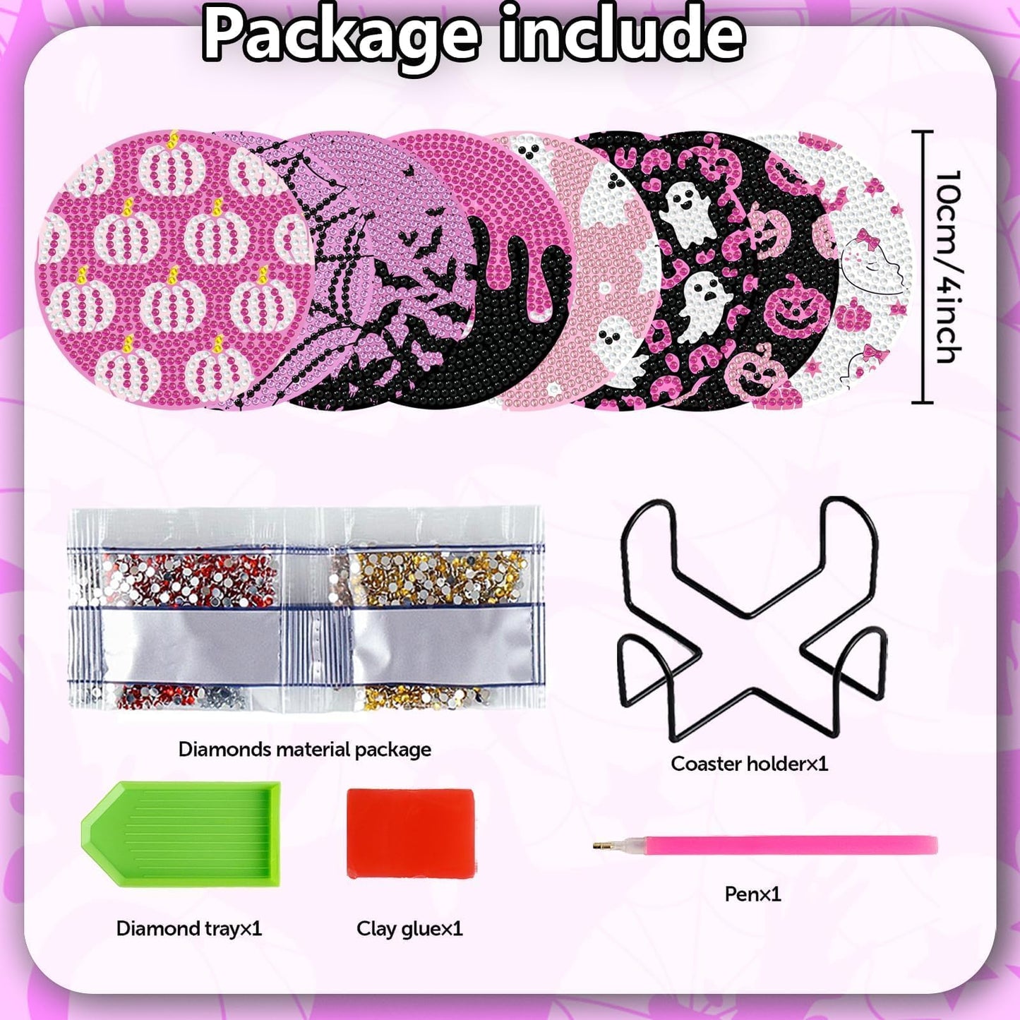Denylo pro 8 Pcs Halloween Diamond Art Painting Coasters Kits with Holder DIY Pink Halloween Diamond Art Coaster for Adults