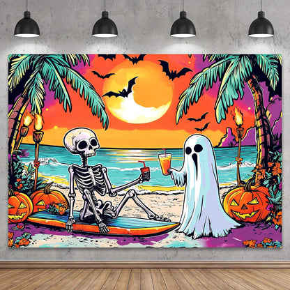 Gilprop Summer Halloween Decor 7x5ft Backdrop Banner for Halloween in Summer Party Decorations Supplies Photography Background Props Ghost Skeleton Pumpkin Beach Decorations