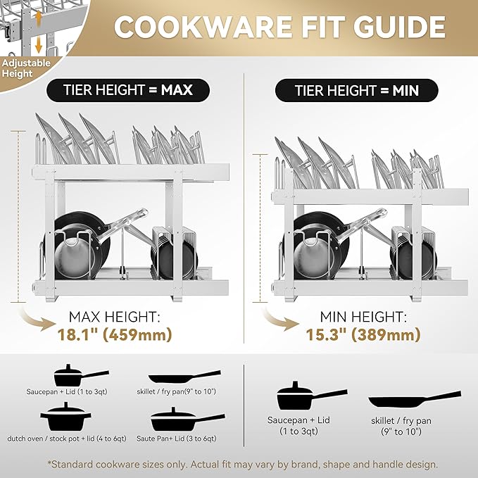 2-Tier Kitchen Pull out Cabinet Organizer for Pots, Pans, and Lid Cookware, Adjustable Heavy Duty Wire Pan and Pot Rack, Full-Extension Rail 21" W *22" D