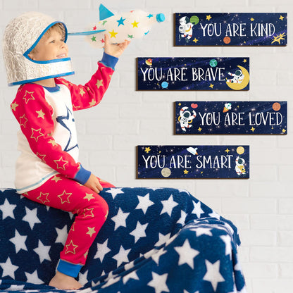 Yookeer 4 Pcs Space Room Decor for Kids Boys Outer Space Wall Art Bedroom Decor for Nursery Classroom Astronaut Galaxy Posters Spaceman Wood Sign Be Brave and Be Kind for Baby Boy(You)