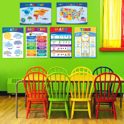 Global Printed Products, 20 Extra Large Educational Poster For Kids (24x17 Double Sided English/Spanish) Alphabet Color Letter Numbers Shapes Months Days Weather Time Animals Solar System Seasons Map