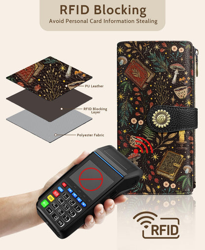 GIANCOMICS Book Mushroom Womens Wallet RFID Blocking, Credit Card Holder Bifold, PU Leather Travel Billfold, Long Cute Cash Purse, Zipper Coin Pocket Clutch, 11 Card Slots, Ladies Gift Woman