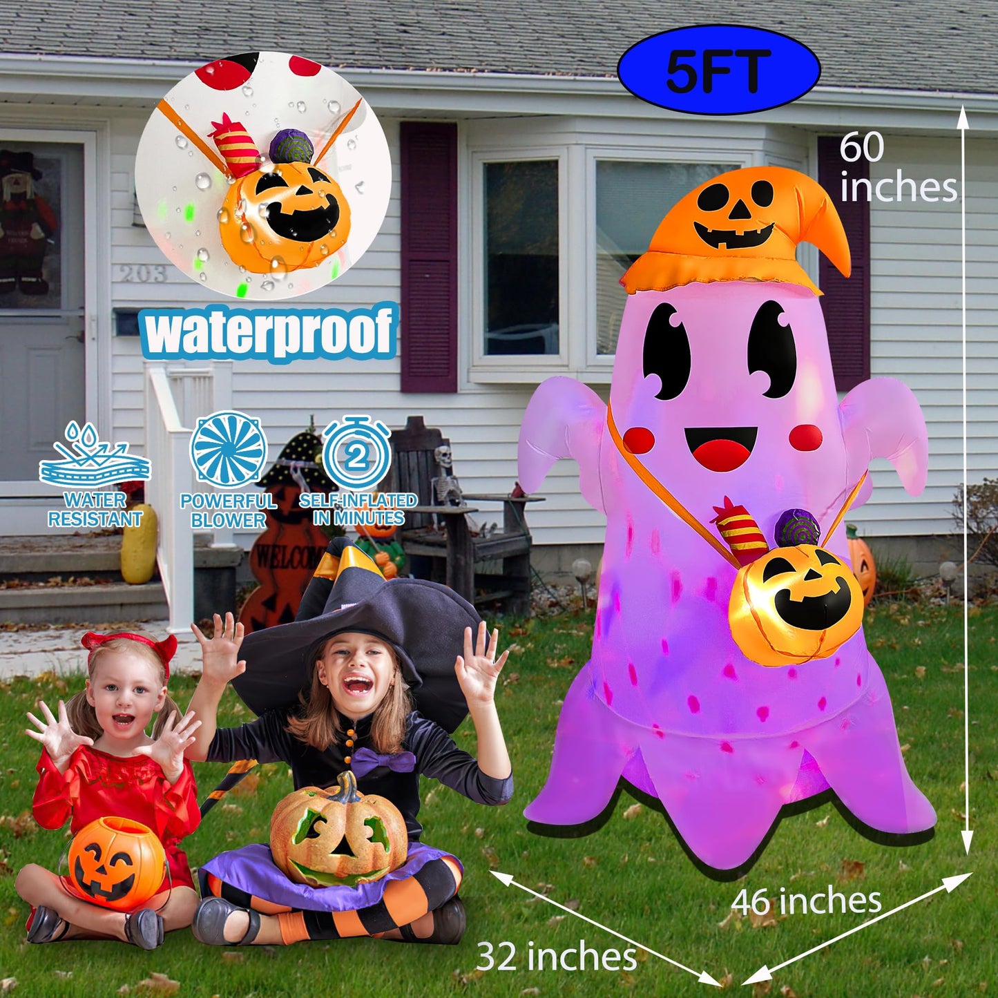 JOYEASE 5FT Halloween Inflatable Cute Ghost with Witch Hat Carrying Pumpkin Candy Can, Blow Up Spooky Ghost Decor Build-in LED Light for Holiday Yard Lawn Garden Decorations