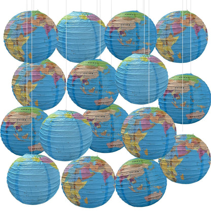 JIEFULL 16 Pcs 12 Inch Globe Paper Lanterns for Ceiling Hanging, Large Earth Lantern Around The World Map Decorations