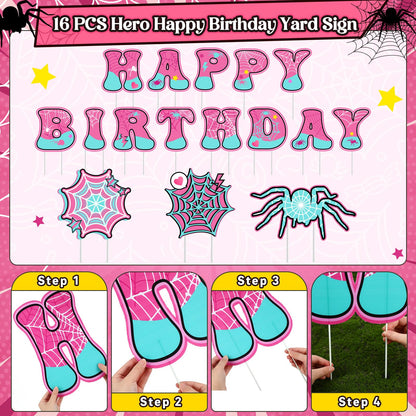 BrightRow 16 Pcs Spider Birthday Decorations Happy Birthday Yard Signs with Stakes and Lights 13" Weatherproof Yard Sign for Halloween Theme Outdoor Lawn Decor