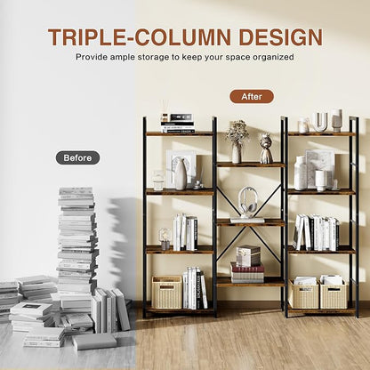 Shintenchi Triple Column 4 Tier Bookshelf, Industrial Large Bookcase Display Shelves, Large Etagere Bookshelf,Wide Book Shelf Book Case for Home & Office, Rustic Brown