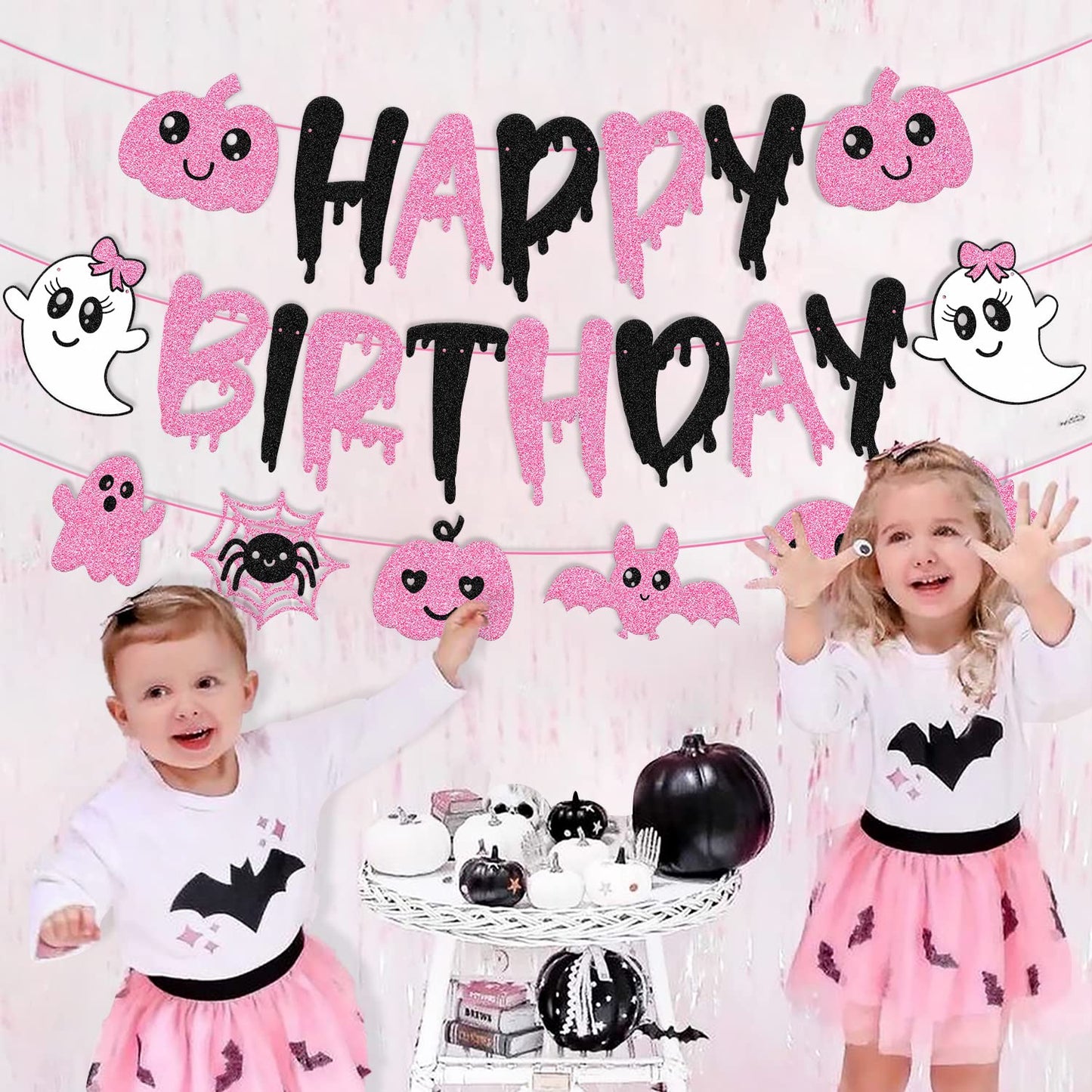 Pink Black Halloween Birthday Banner Ghost Bat Happy Boo Day Little Boo Themed for Girl Happy Birthday Party Supplies Glitter Halloween Decoration