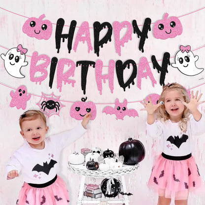 Pink Black Halloween Birthday Banner Ghost Bat Happy Boo Day Little Boo Themed for Girl Happy Birthday Party Supplies Glitter Halloween Decoration
